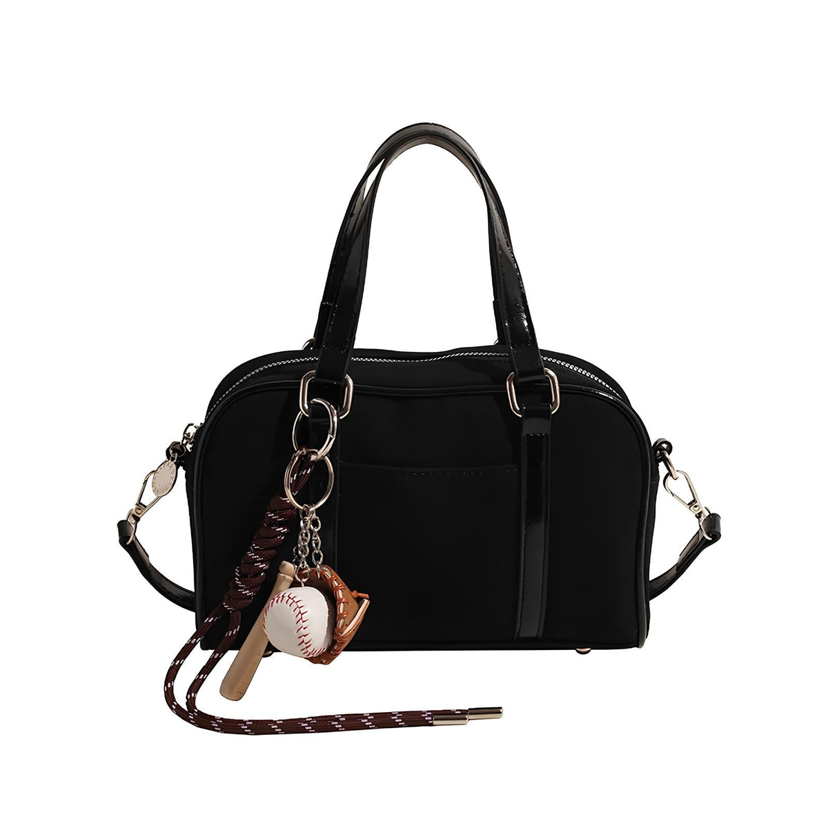 Suédine noire et anses vernies pour ce sac bowling zippé, pendentif balle et batte de baseball