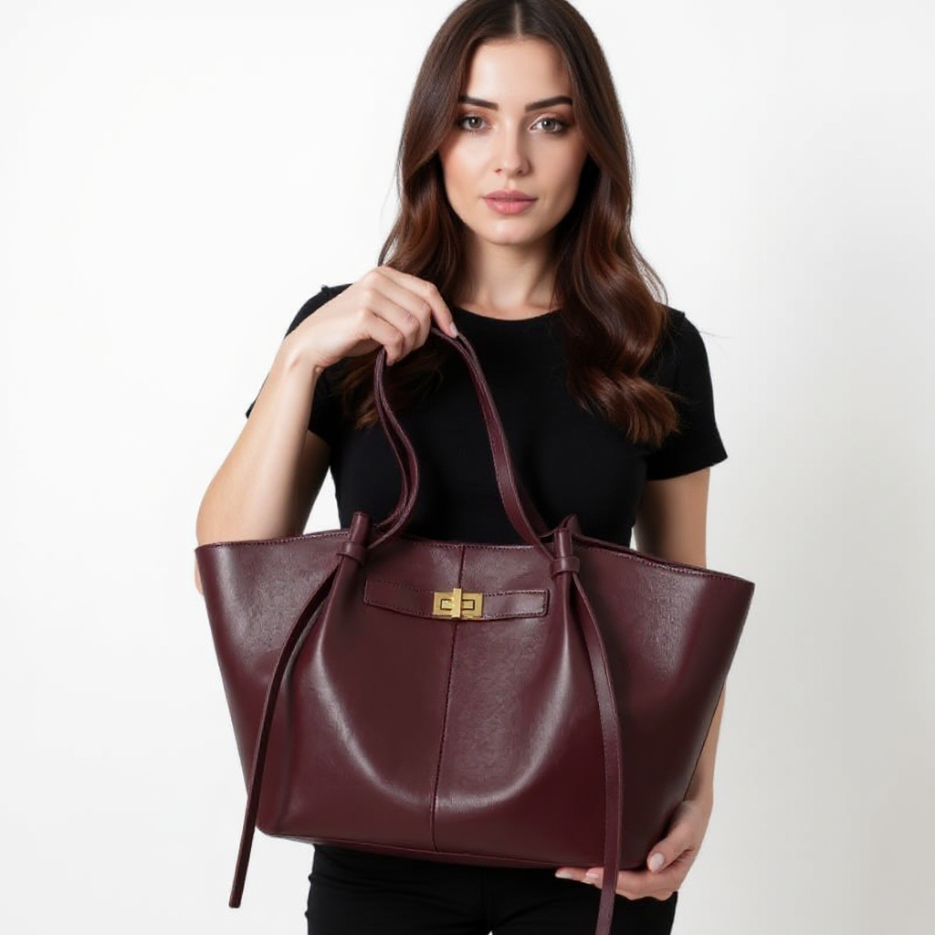 Présenté à deux mains par une femme en t-shirt noir, le grand cabas bordeaux s'ouvre largement