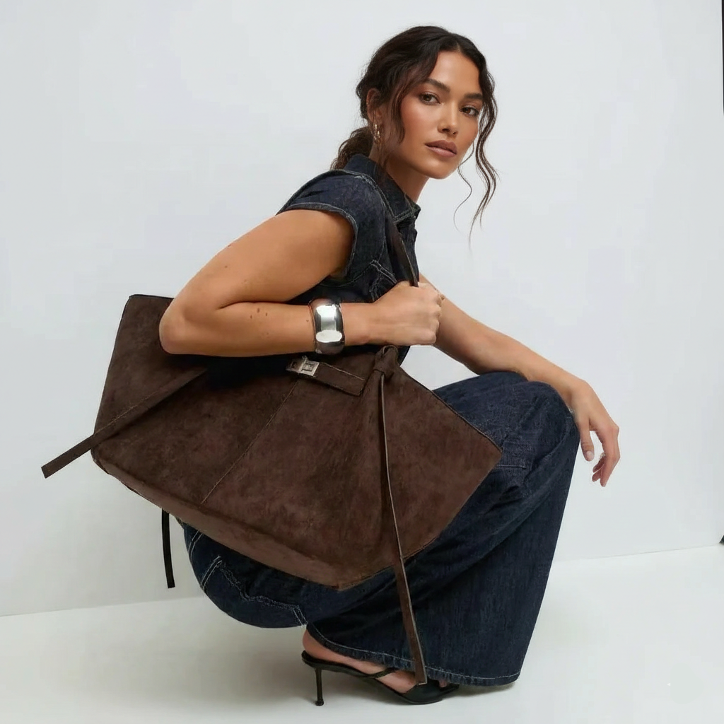 Accroupie en total look denim, une jeune femme cale le grand cabas brun foncé au creux du bras