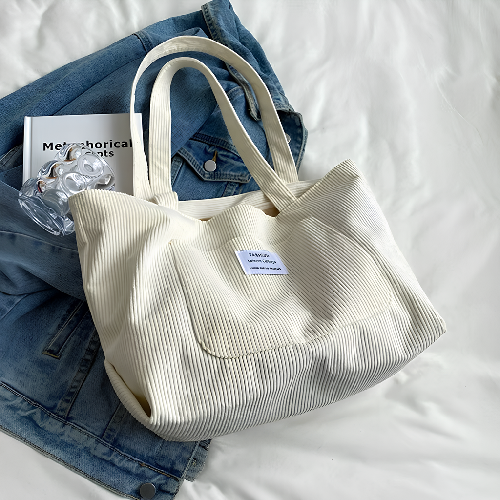 Posé sur un lit près d'une veste en jean, le cabas côtelé écru garde ses anses souples dressées