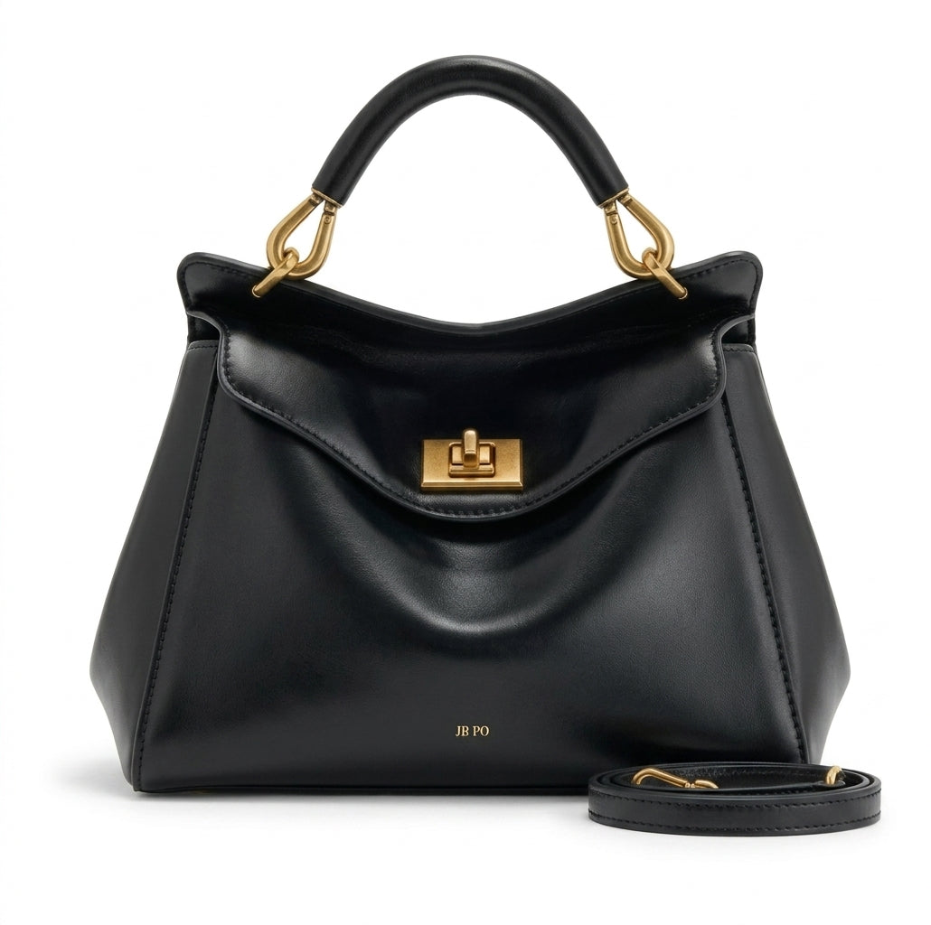 Petit sac à main noir à rabat et fermoir tourniquet doré, anse rigide et bandoulière fine