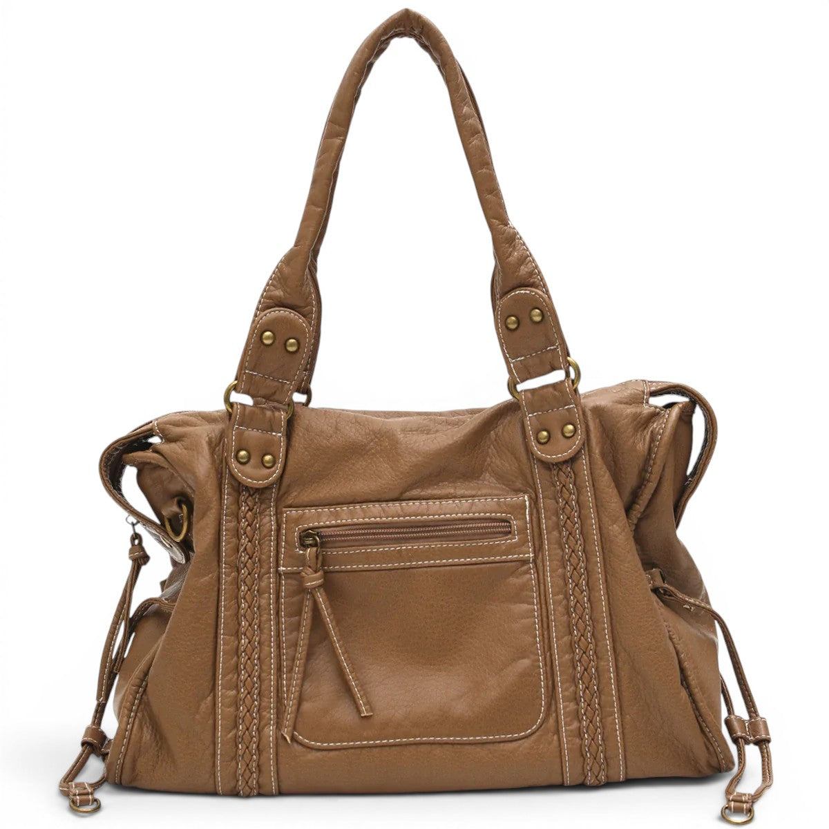 Camel chaleureux sur cuir végan froissé, tresses verticales, poche zippée et anses à rivets