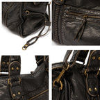 Quatre détails rapprochés du sac noir : mousqueton, glissière avant, rivets et attache d'anse