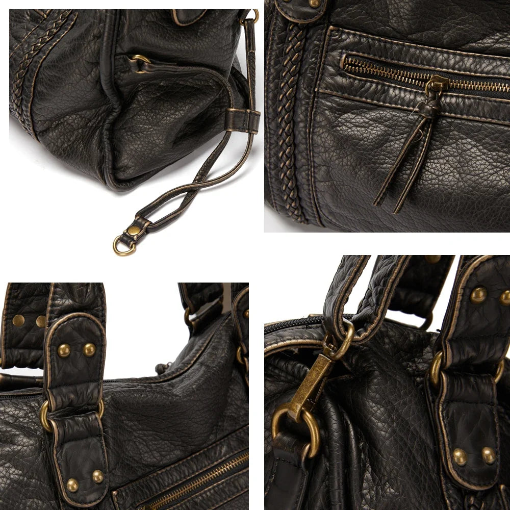 Quatre détails rapprochés du sac noir : mousqueton, glissière avant, rivets et attache d'anse