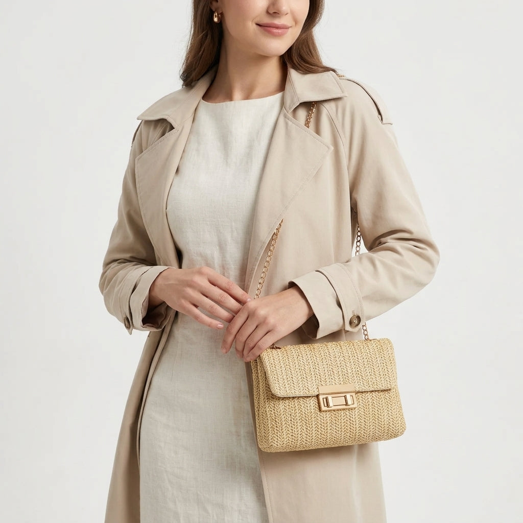Silhouette en trench beige tenant la petite pochette en paille par sa chaîne dorée