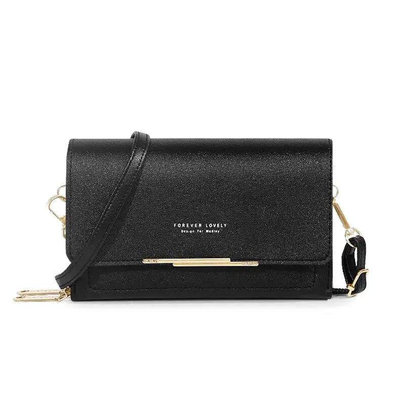 Petit sac bandoulière noir à texture pailletée, rabat retenu par une barrette dorée, sangle fine