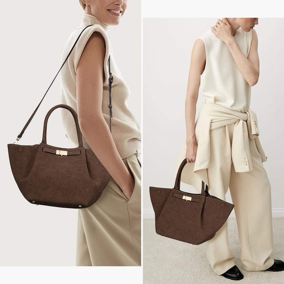 Deux silhouettes en beige portent le cabas brun, une fois en bandoulière puis tenu à la main