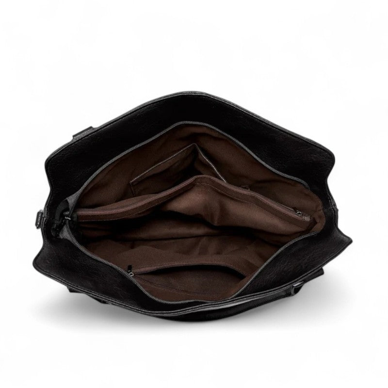 Doublure marron du grand cabas, séparateur zippé central et poches plates de part et d'autre