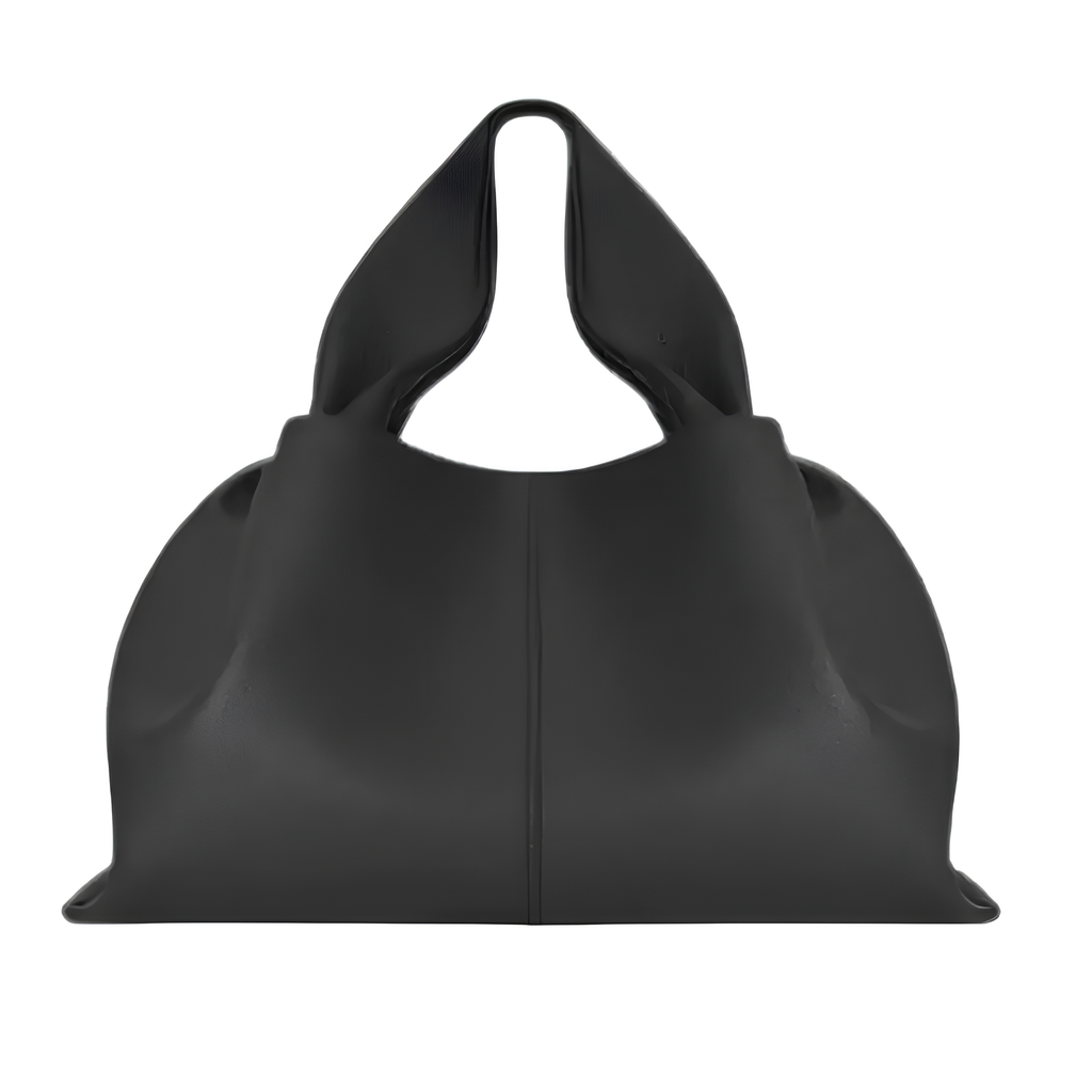 Pochon souple en cuir végan grainé noir, plis latéraux et anse fondue dans le corps, vu de face