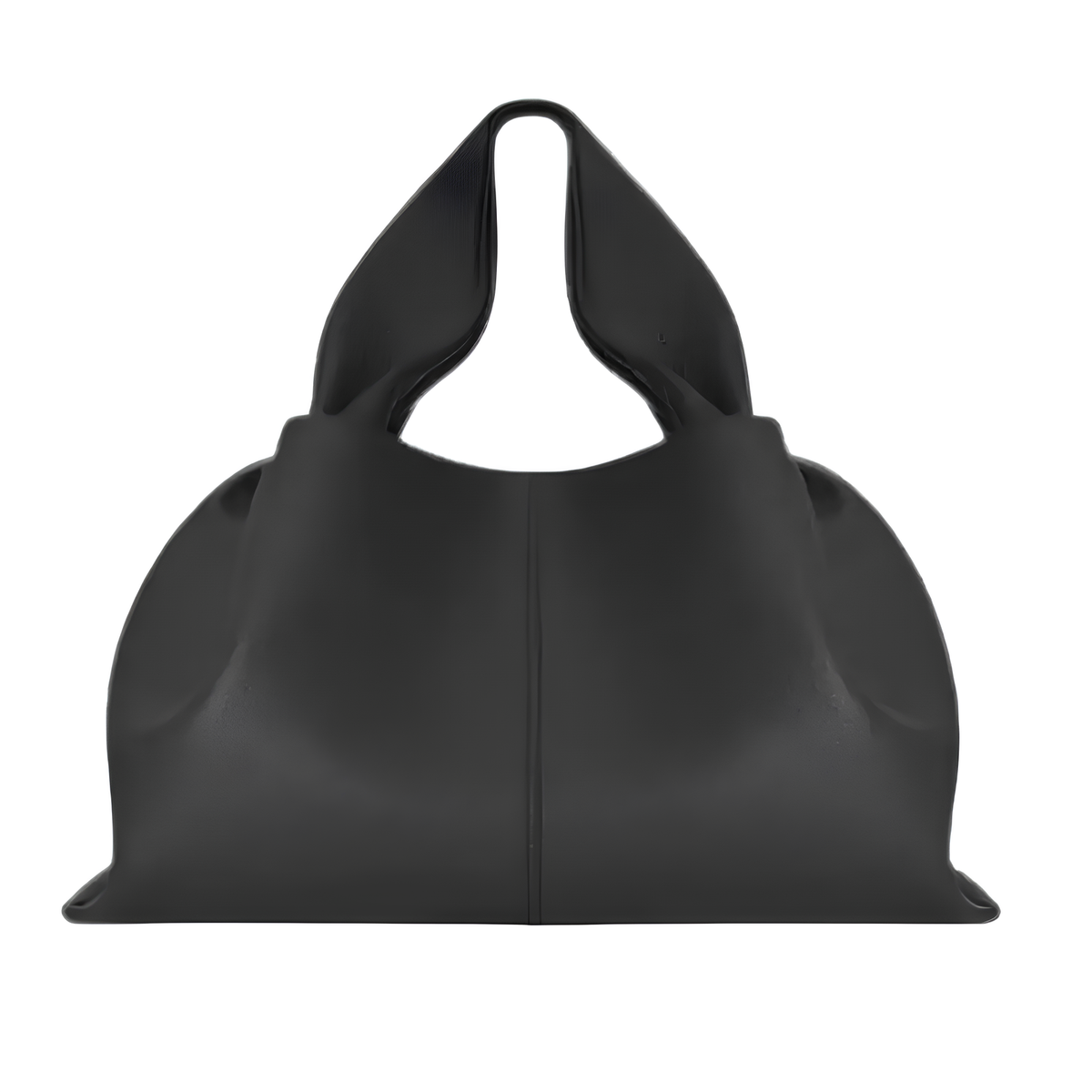 Pochon souple en cuir végan grainé noir, plis latéraux et anse fondue dans le corps, vu de face