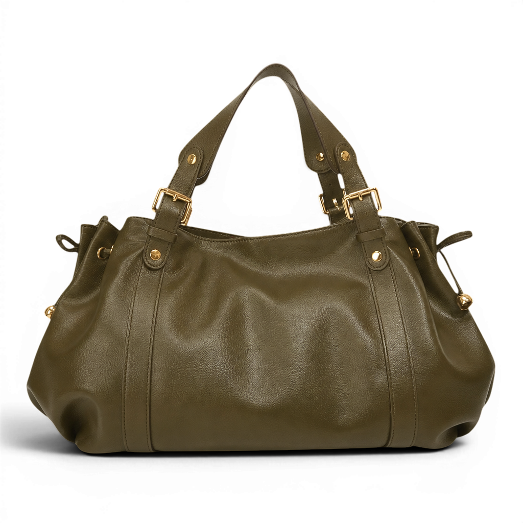 Kaki olive et cuir végan mat, le sac souple aligne plis, rivets dorés et liens de serrage
