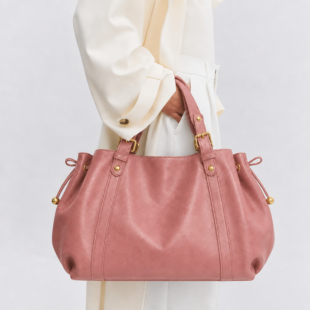 Au creux du bras, le sac rose se détache sur un ensemble blanc cassé, anses tenues serrées