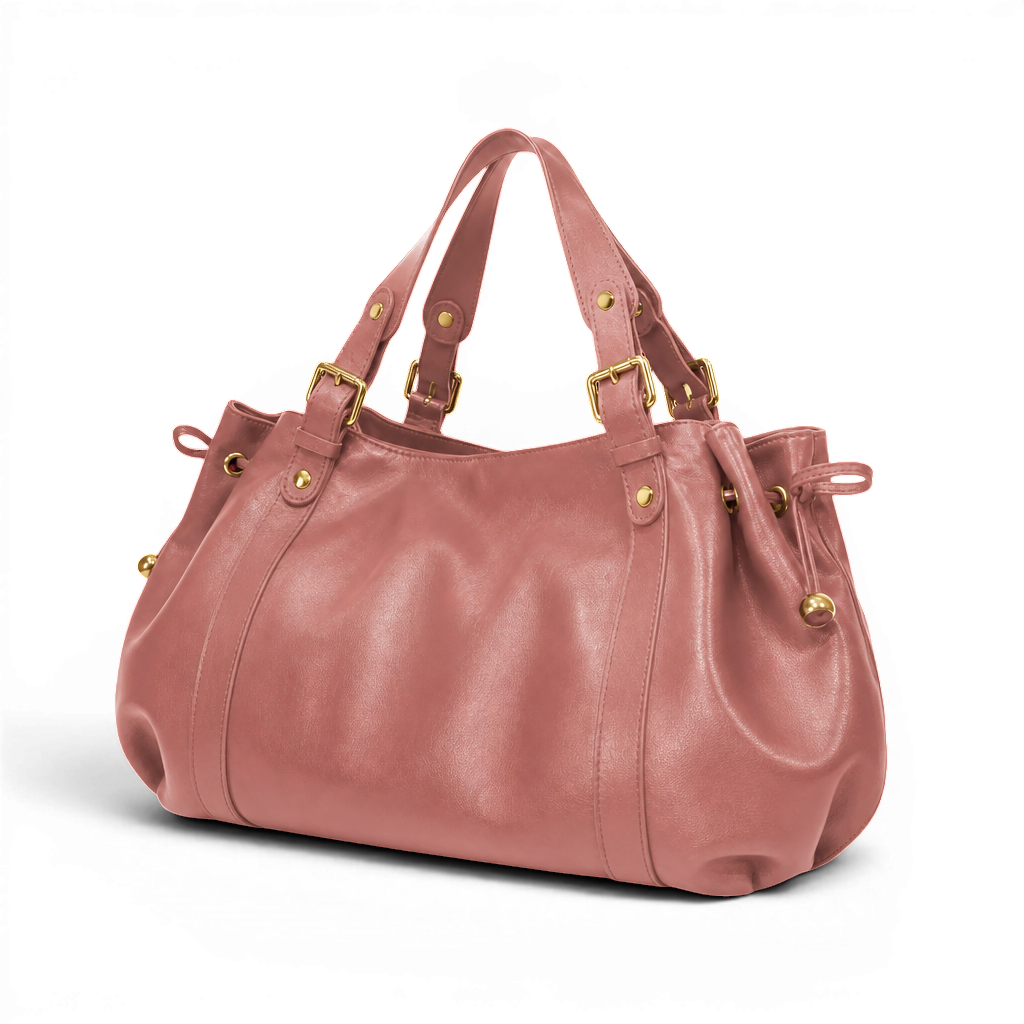 Rose délicat et cuir végan satiné, le sac est vu de trois quarts, cordons de serrage pendants