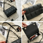 Montage de quatre vues du modèle noir : taille face à un téléphone, rabat ouvert, sangle enroulée