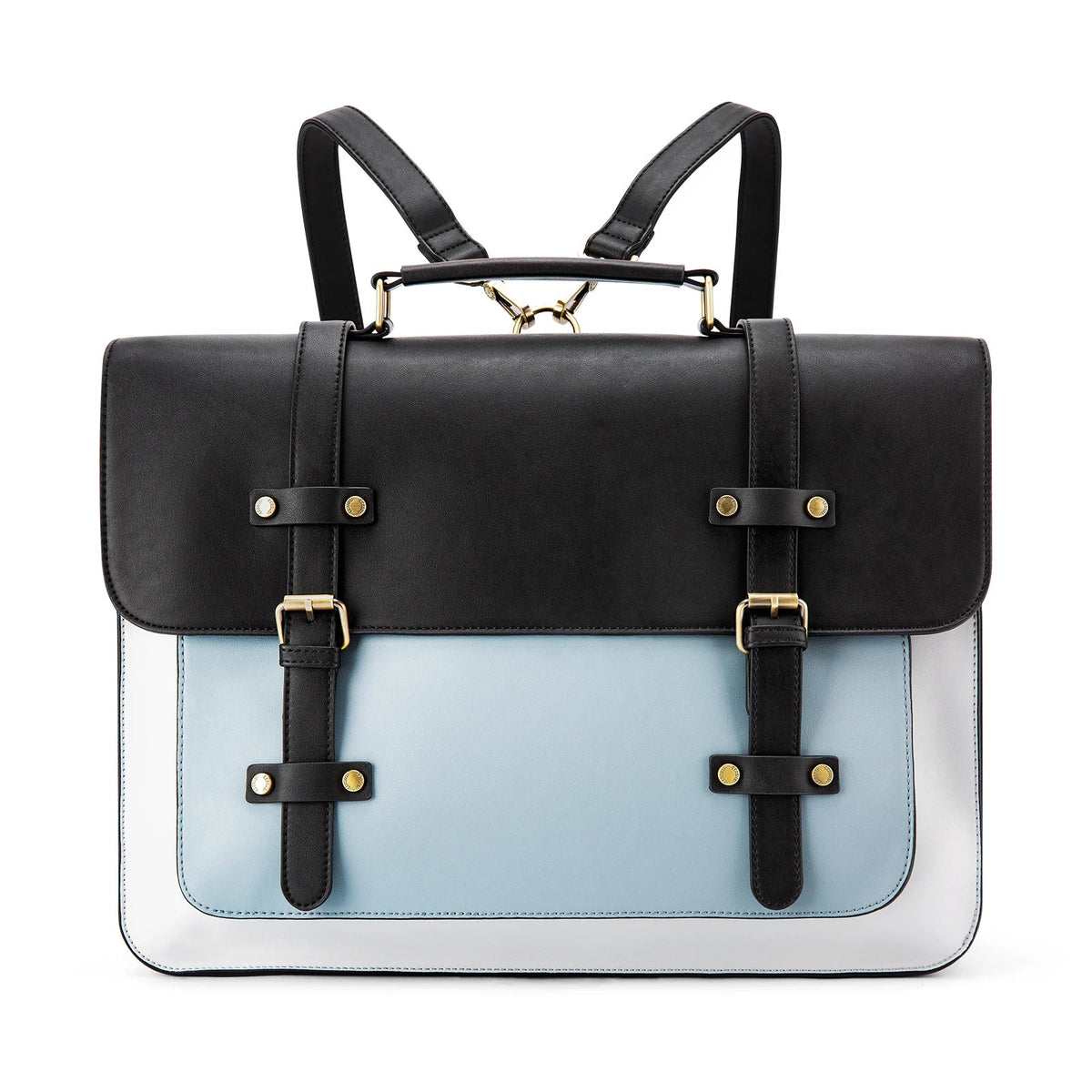 Noir, bleu ciel et blanc pour ce cartable à bretelles, boucles dorées et rivets apparents