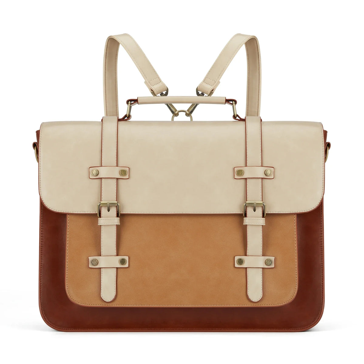Crème, camel et brun roux, le cartable montre ses bretelles de sac à dos et ses boucles dorées