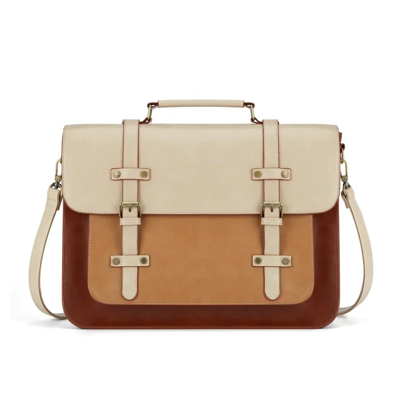 Cartable bicolore crème et caramel à double boucle, bandoulière fine, présenté de face