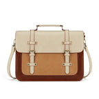 Cartable bicolore crème et caramel à double boucle, bandoulière fine, présenté de face