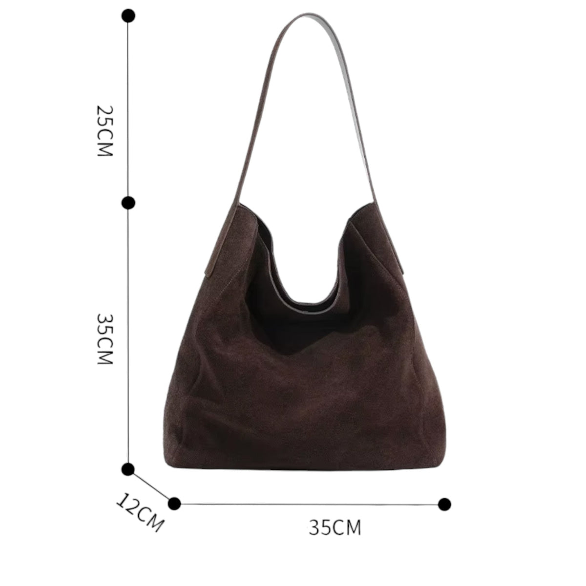 Schéma coté du sac brun, repères de hauteur, de largeur et de profondeur tracés autour de lui