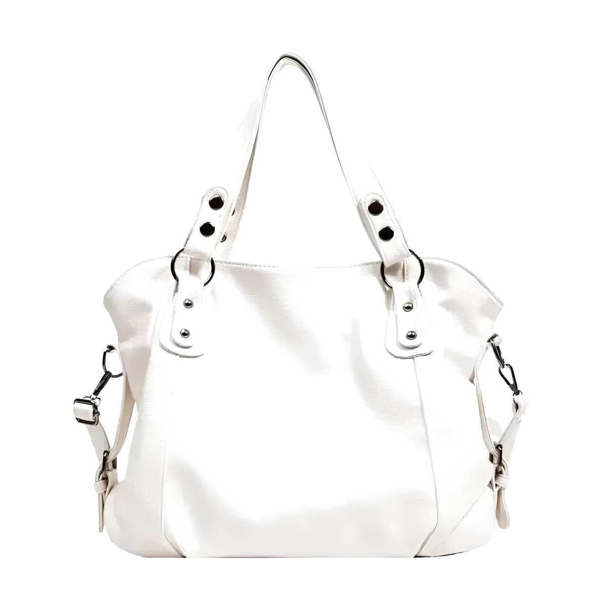 Blanc immaculé, le grand sac souple s'évase sur les côtés, anses doubles et attaches métal