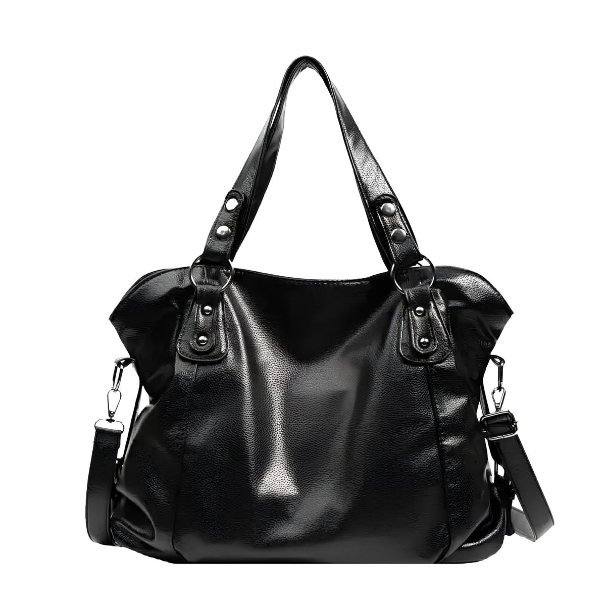 Version noire du sac fourre-tout, cuir végan grainé et souple, anses courtes et mousquetons argentés