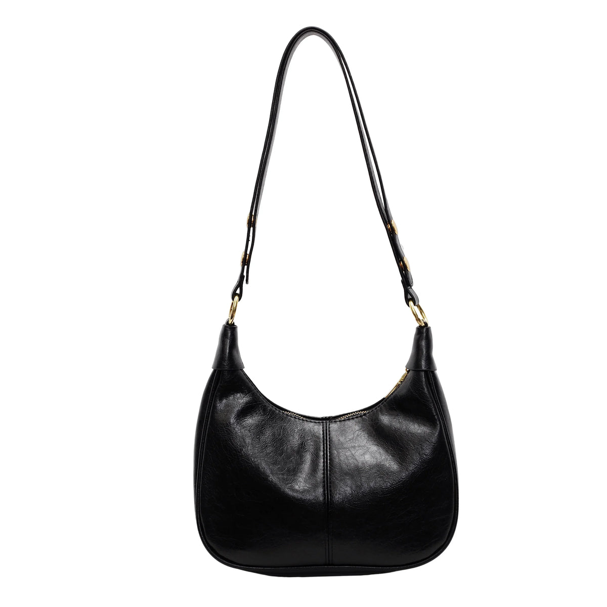 Modèle noir en cuir végan lustré, forme croissant et bandoulière fine, sur fond blanc