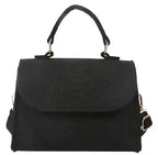 Petit sac à main noir à rabat, texture façon croco et anneaux dorés, bandoulière amovible
