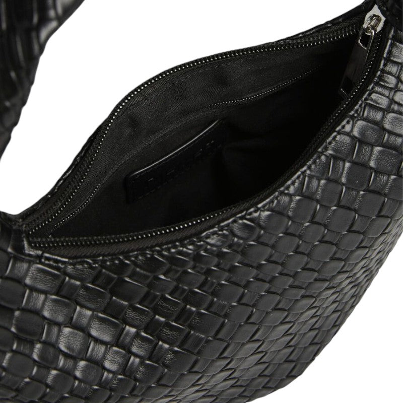 Doublure textile noire à l'intérieur du hobo ouvert, poche plaquée et glissière métallique visibles
