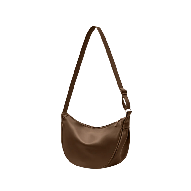 Croissant brun café souple, sangle d'épaule ajustable par une boucle et petite tirette dorée