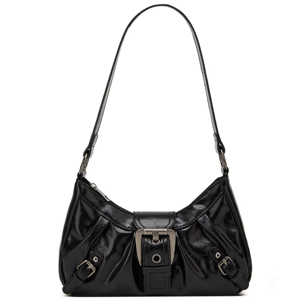 Noir lustré et froissé, le même hobo de face avec sa boucle argentée et ses plis rayonnants