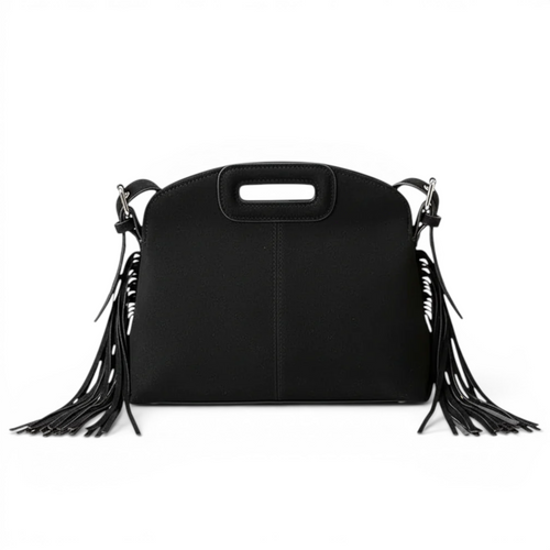 Franges latérales et poignée découpée, ce sac noir en suédine se présente de face