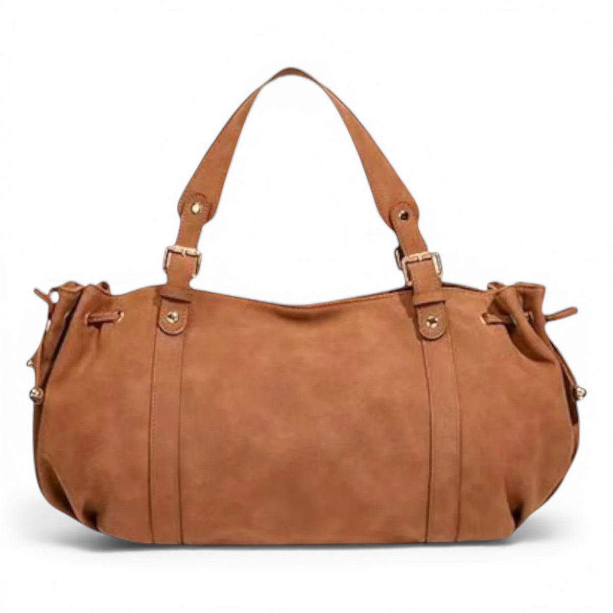 Cognac chaud pour ce sac d'épaule froncé, anses à boucles et petits liens à embouts métalliques