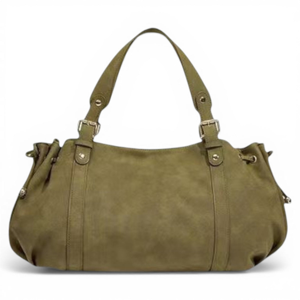 Vert kaki mat, ce sac froncé montre ses attaches à boucles dorées et ses cordons latéraux
