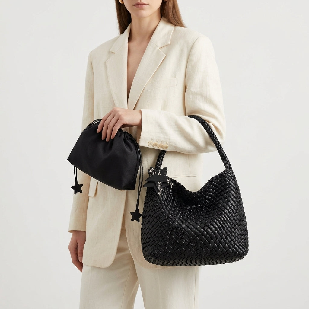 Porté à l'épaule sur un tailleur écru, le cabas tressé noir et sa pochette satinée assortie