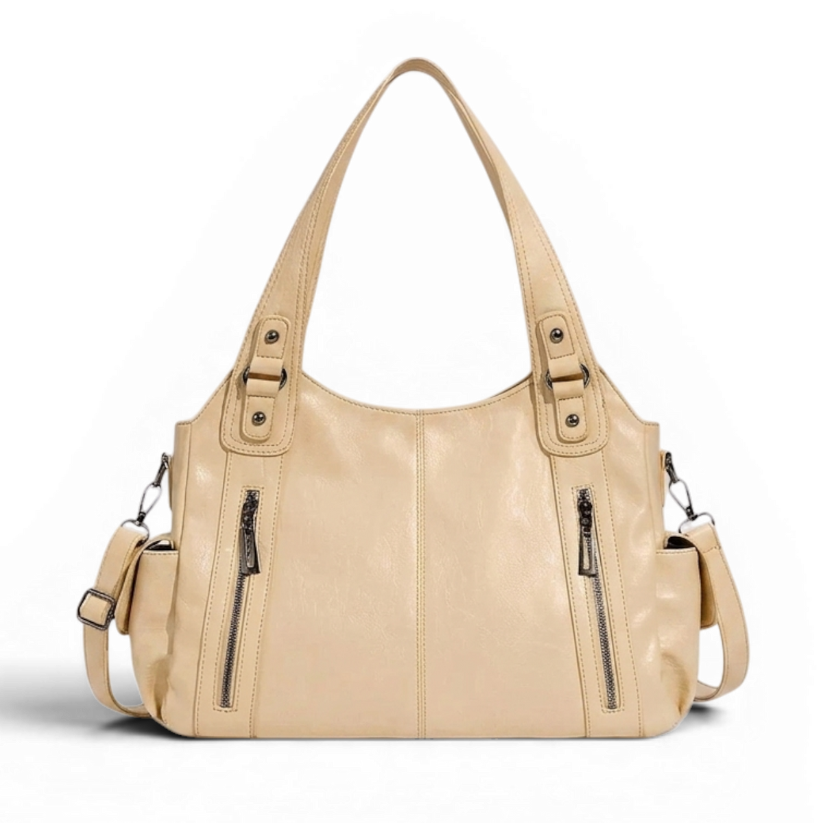 Beige crème et grain souple, le même sac d'épaule s'affaisse doucement entre ses deux anses