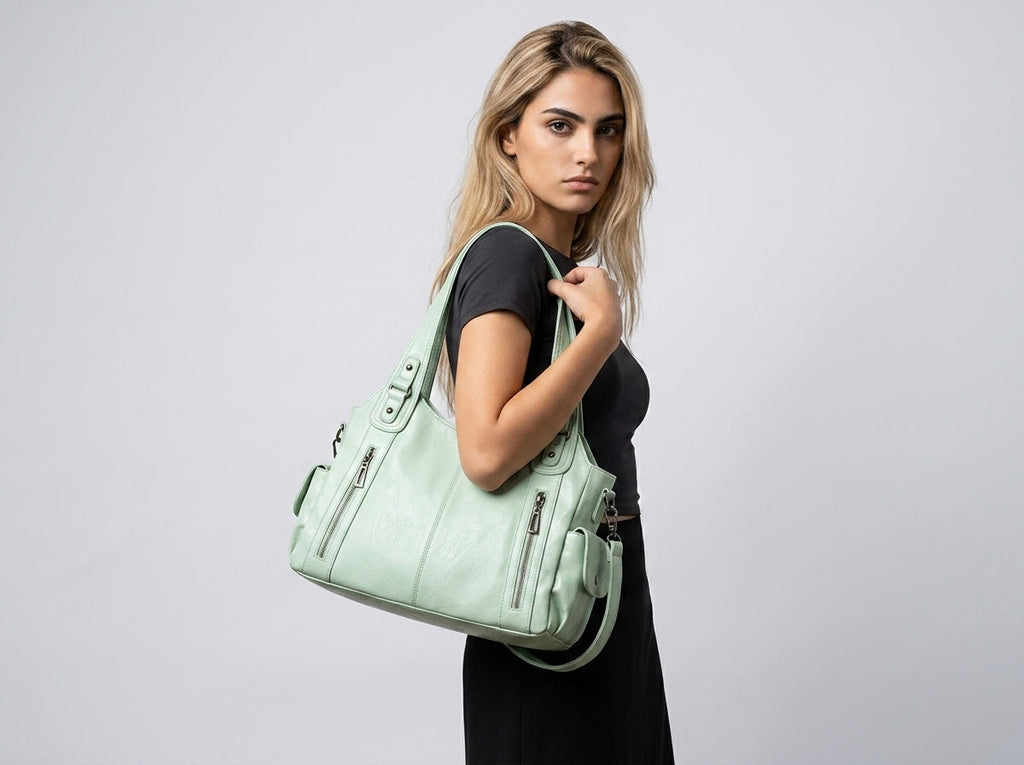 Épaule d'une femme en robe noire portant le sac vert menthe, anses courtes rassemblées