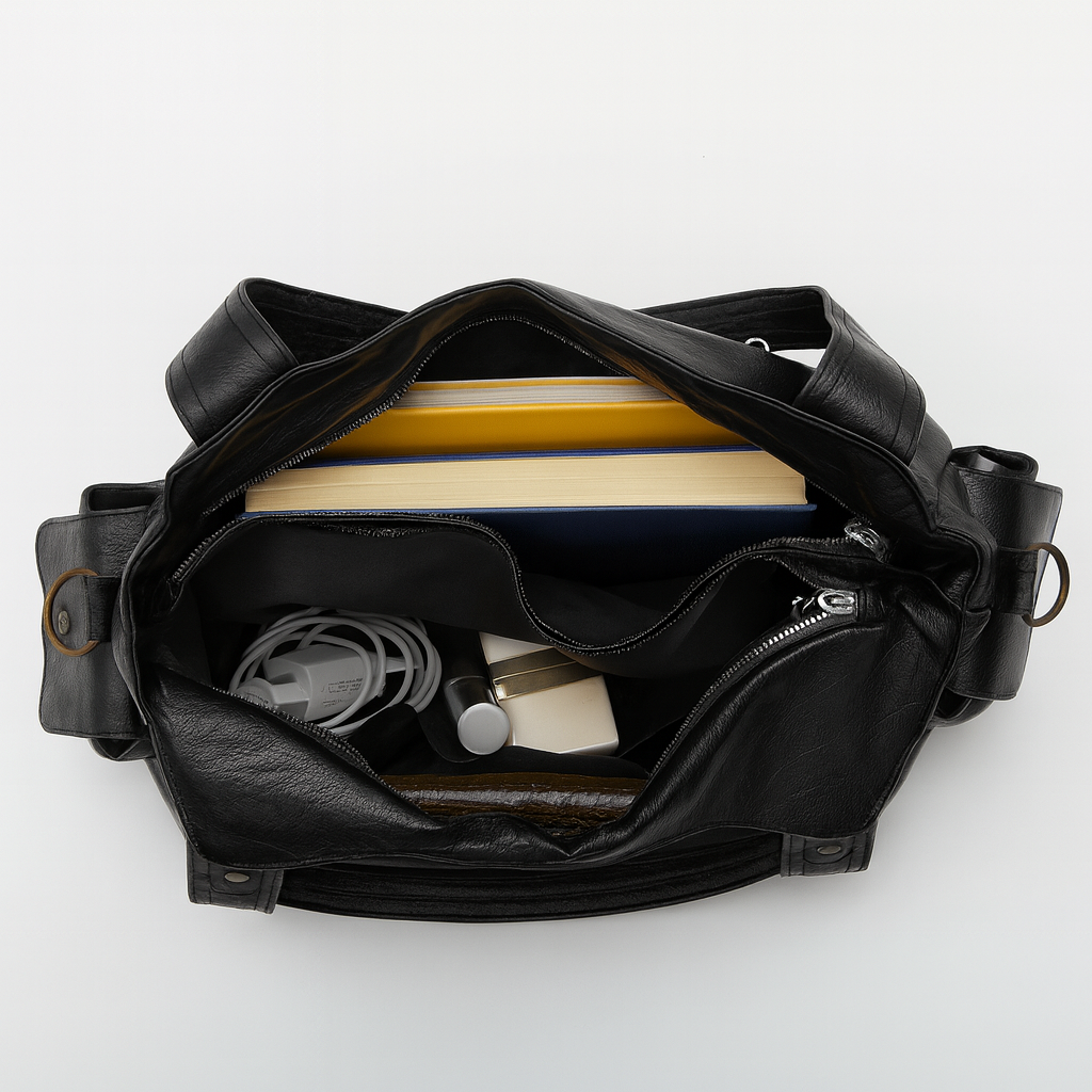 Ordinateur, classeurs et câble rangés dans le sac noir ouvert, poches intérieures zippées