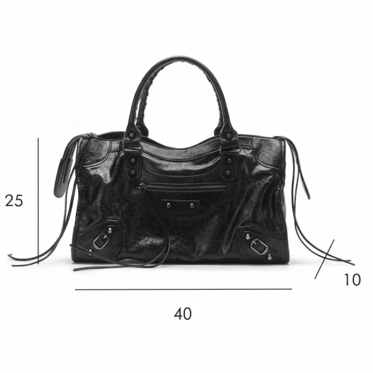 Schéma coté du sac noir de profil, hauteur, longueur et profondeur reportées sur les axes