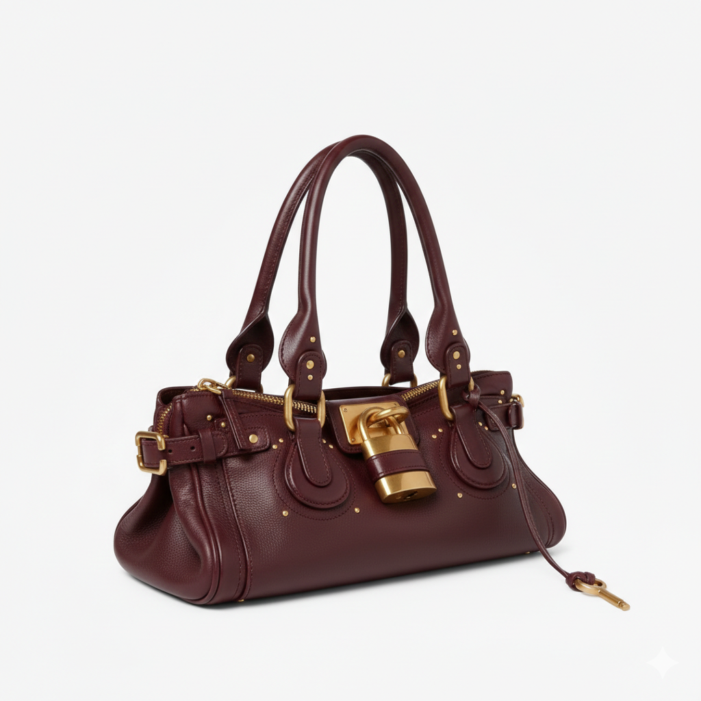 Cuir végan bordeaux, sac bowling de trois quarts, sangles latérales et cadenas doré massif