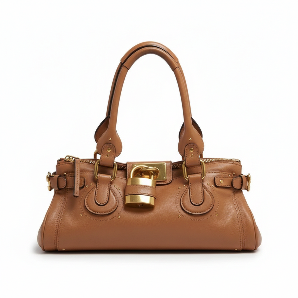 Camel chaud et cadenas doré, le sac bowling vu de face avec ses anses épaisses et rivets
