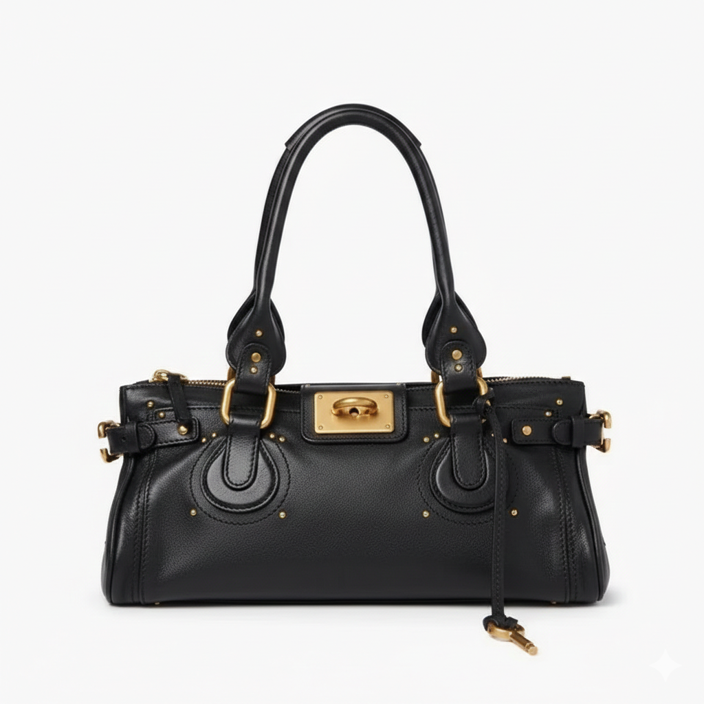 Modèle noir vu de face, cadenas doré central, zip latéral et rivets répartis sur les côtés